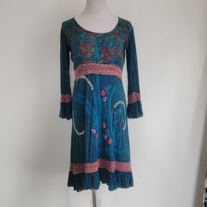 Rising International NEPAL HANDMADE TEA MULTICOLOR Blue Embroidery Viscous Dress